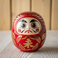A close-up of a beautifully crafted Daruma doll painted in a rich red hue with elegant gold accents, symbolizing perseverance and good luck in Japanese culture