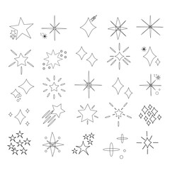 A collection of hand-drawn star icons in various shapes and sizes. Includes shining stars, shooting stars, and geometric star patterns in a black-and-white line art style