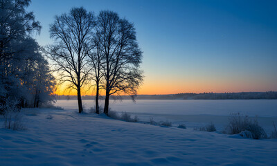 The Serene Sunset of a Winter Lake