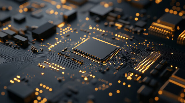 Abstract close-up of a glowing digital circuit board, showcasing intricate connections and technological design 