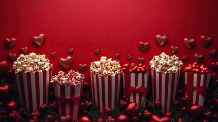 Striped popcorn boxes, heart decorations, and a delivery car on a red background for Valentine's Day.