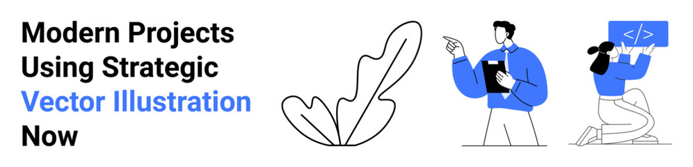 Leaf sketch, professional presenting ideas on clipboard, coder with digital board, teamwork in focus. Ideal for coding, workflow management, workplace planning, innovation, education collaboration