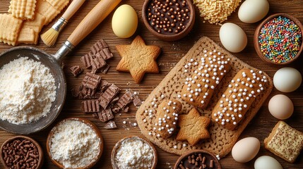 The easter baking essentials. well equipped table with tools rolling pin, brush, adorable gingerbread, chocolate eggs, sprinkles on lively yellow setting, advertise with style.