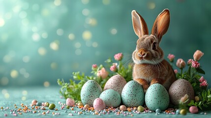 The easter charm in a top view photo a collection of painted eggs, bunny favorites and sprinkles on a soft green background with an egg shaped cutout for personal messages or ads.