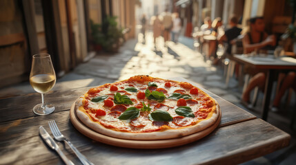 Delicious freshly baked pizza Margherita with crispy crust at outdoor pizzeria cafe in Italy