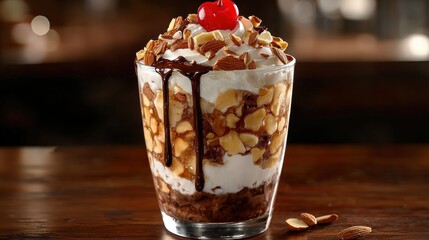 Delicious dessert sundae with chocolate, almonds, and cherry on top in a cozy caf?