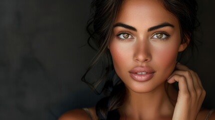 Obraz premium Portrait, young woman, dark hair, intense eyes, golden light, dramatic shadows, soft skin, freckles, bare shoulders, ethereal beauty, Renaissance painting style, chiaroscuro, cinematic lighting, high 