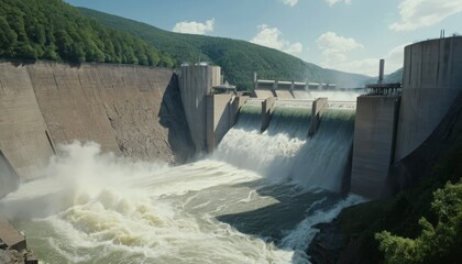 Majestic Hydroelectric Dam Releasing Water Powerful River Flowing Green Hills
