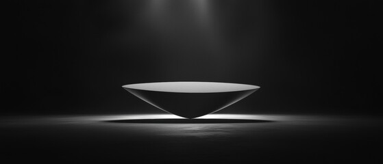 Black and white photograph of a triangular-shaped object in the center of a dark room.