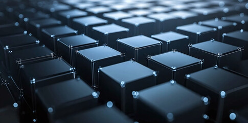 Fototapeta premium Abstract arrangement of dark cube shapes creating a futuristic, technological, and geometric design with a repetitive pattern. Minimalist, modern aesthetic.