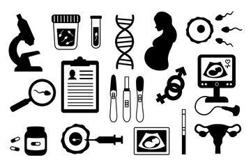 Pregnancy set black silhouette elements. Medical test, sex determination, fertilization. Uterus and sperm.