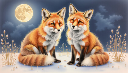 Fototapeta premium Two Tranquil Foxes Illustration with Moonlit Night Background
