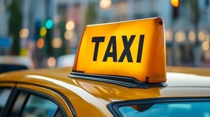 Bright yellow taxi in bustling city with traffic lights at dusk