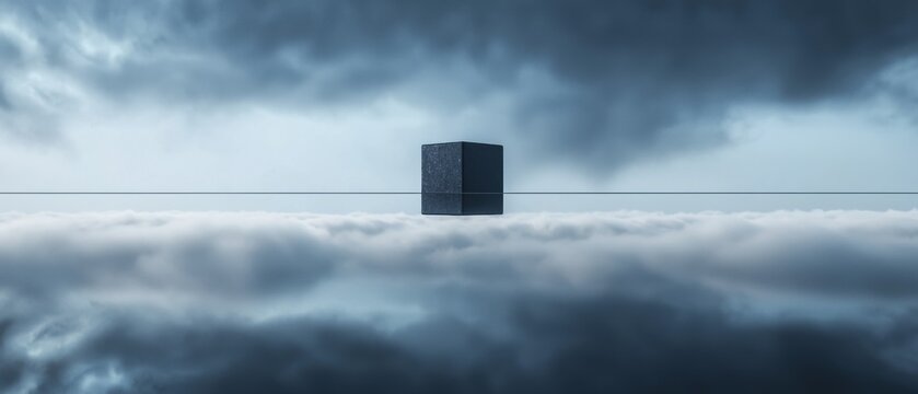 Single cube floating in the middle of a vast sky filled with dark, stormy clouds. the sky is a deep blue color and the clouds are white and fluffy, creating a dramatic contrast with the dark cube.