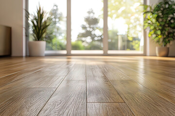 Wooden floor reflecting sunlight in a modern living room with plants and large windows on a bright afternoon