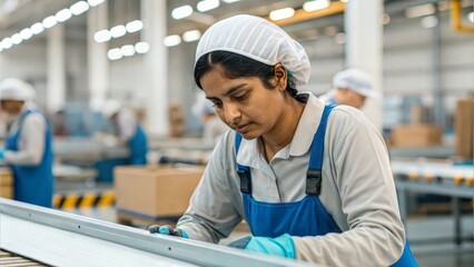 Indian Female Factory Worker Portrait – A woman factory worker with focused expression, working on an assembly line, wearing protective gear.