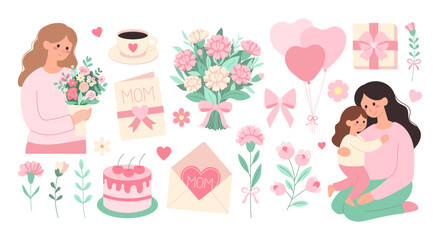 Happy Mother's day stickers set. A woman is holding a bouquet of flowers and a cake. A card is on the table with a heart on it. A child is sitting on the woman's lap