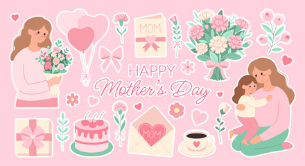 A collection of stickers with a pink background that says Happy Mother's Day. The stickers include a woman holding a bouquet of flowers, a cake, a vase, a balloon, a cup, and a child