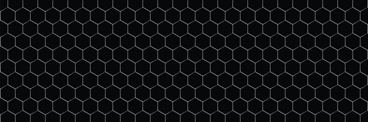 Dark grey abstract wide horizontal banner with hexagon carbon fiber grid and orange luminous lines. Technology vector background with orange neon lines