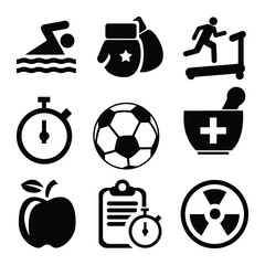 Sports Equipment, Health and Fitness, Medical Symbols, Timekeeping, Nutrition, Radiation Warning, Soccer Ball, and Swimming Icons in Clean Design