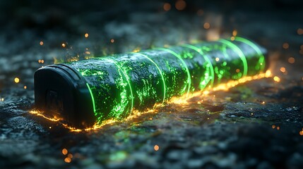 Shiny eco-friendly battery with a neon green glow emitting energy waves on a black background