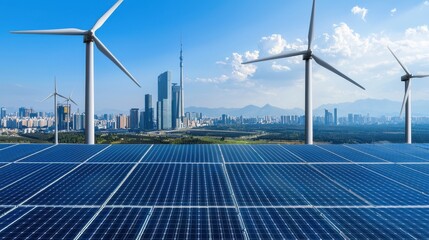 A city skyline is shown with a large number of wind turbines