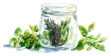 Watercolor Illustration of Glass Jar Filled with Herbs and Greenery Surrounded by Leaves