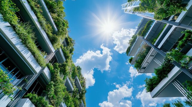 A building with a lot of greenery on it and a bright blue sky