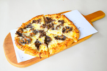 Traditional Turkish cuisine. Pizza, pita, pidesi, sucuk, hummus, kebab. Many dishes on the table. Serving dishes in restaurant. Margherita,  mix, formaggi, veggie karisik pizza. Top view, flat lay