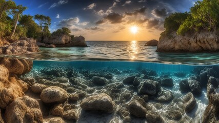 Fototapeta premium Quantum Bloom: Bioluminescent Coral Reefs in a Holographic Ocean with AI Guardians