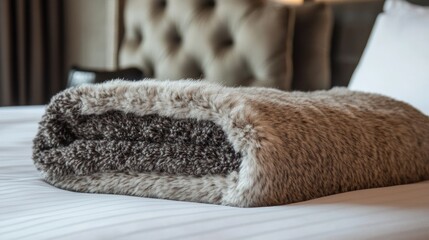 Soft Faux Fur Throw Blanket On White Bed