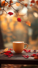 A serene scene featuring a cup of coffee amidst fallen autumn leaves, capturing the essence of relaxation and tranquility