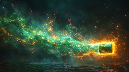 Abstract representation of a green battery with lightning energy waves flowing outward
