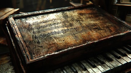 Obraz premium A weathered music book resting on a piano, showcasing faded sheet music.