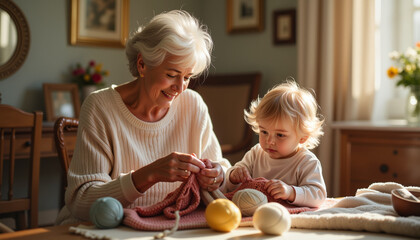 Elderly woman knitting with child playing nearby, cozy generational joy