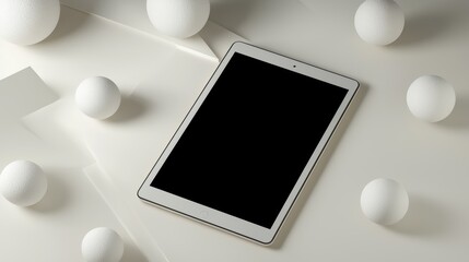 White tablet with a black screen lying on a white surface. surrounding the tablet are several white spheres of different sizes and shapes.
