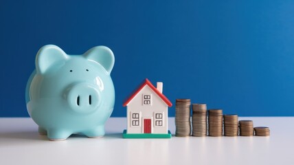 Saving for a Dream Home: Piggy Bank, House Model, and Growing Coin Stacks