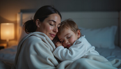Fototapeta premium Parent holding sleeping child in cozy bedroom, peaceful sleep
