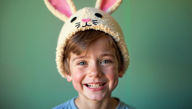 Happy smiling boy portrait, colorful easter bonnet with bunny ears on his head. Easter celebration concept, egg hunt