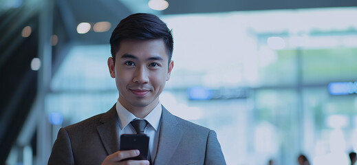 Professional using smartphone, showcasing modern connectivity. Business attire, confident demeanor, reflecting success in a contemporary office setting.