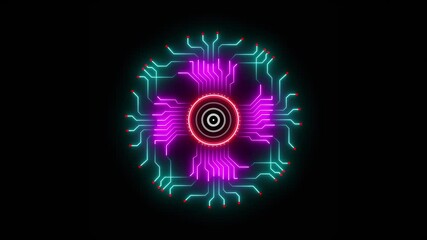 Glowing neon technology circuit board with digital radio waves animation icon on black background. - Powered by Adobe