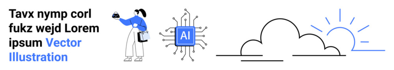 Person holding smartphone near AI chip, minimal cloud, and rising sun graphics. Ideal for technology, AI innovation, data science, future, digital transformation, eco-tech modern flat landing page