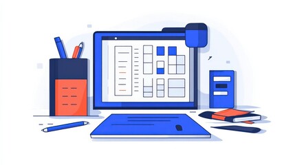 Modern Workspace Illustration with Laptop, Stationery, and Organizational Tools