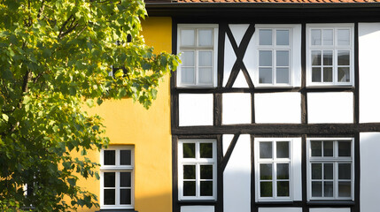 Obraz premium A half-timbered house with sunlit windows and a tree, showcasing urban architecture for real estate or historical context