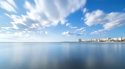 A serene seaside view of buildings under a cloudy sky, perfect for travel blogs and calming visuals