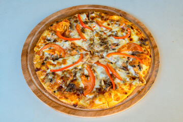 Traditional Turkish cuisine. Pizza, pita, pidesi, sucuk, hummus, kebab. Many dishes on the table. Serving dishes in restaurant. Mix, formaggi, veggie pizza. Top view, flat lay