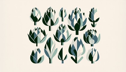 Stylized artichoke plant illustrations. Each artichoke is uniquely designed with simplified shapes and a modern aesthetic.