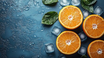 Top view photo of ice cubes, drops, halves and whole oranges on the right on pastel blue background with copyspace on the left.