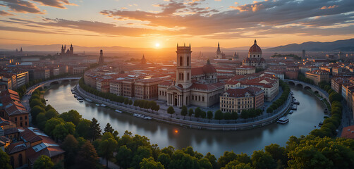 Fototapeta premium Historical Cityscape Along a Winding River at Sunset, Captured From an Elevated Viewpoint