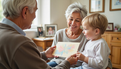 Obraz premium Grandchild joyfully presenting handmade card to grandparents at home, love